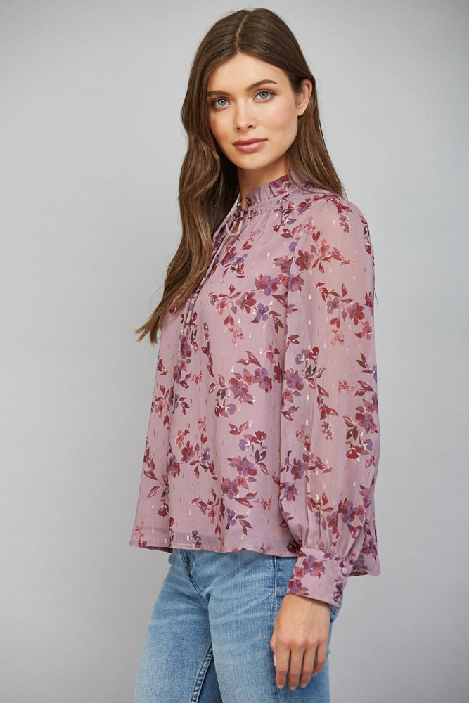 Floral Print with Ruffled Tie Neck- Dusty Pink