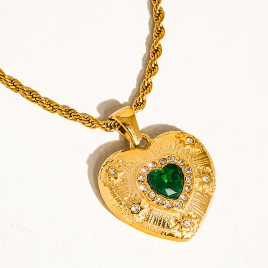 Akira 18K Gold Non-Tarnish CZ Heart Necklace - Green