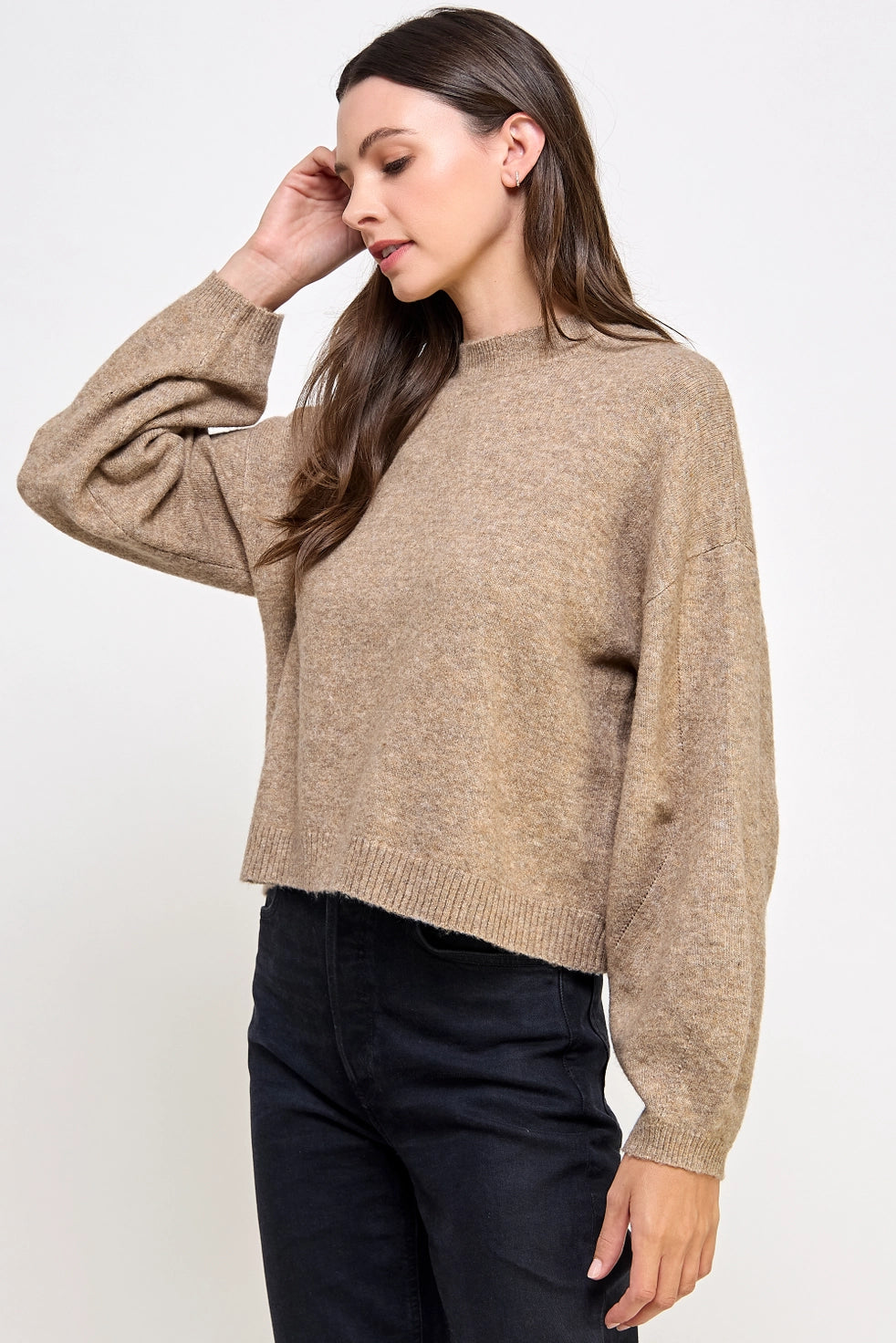 Crew Neck Balloon Sleeve Sweater - Mocha