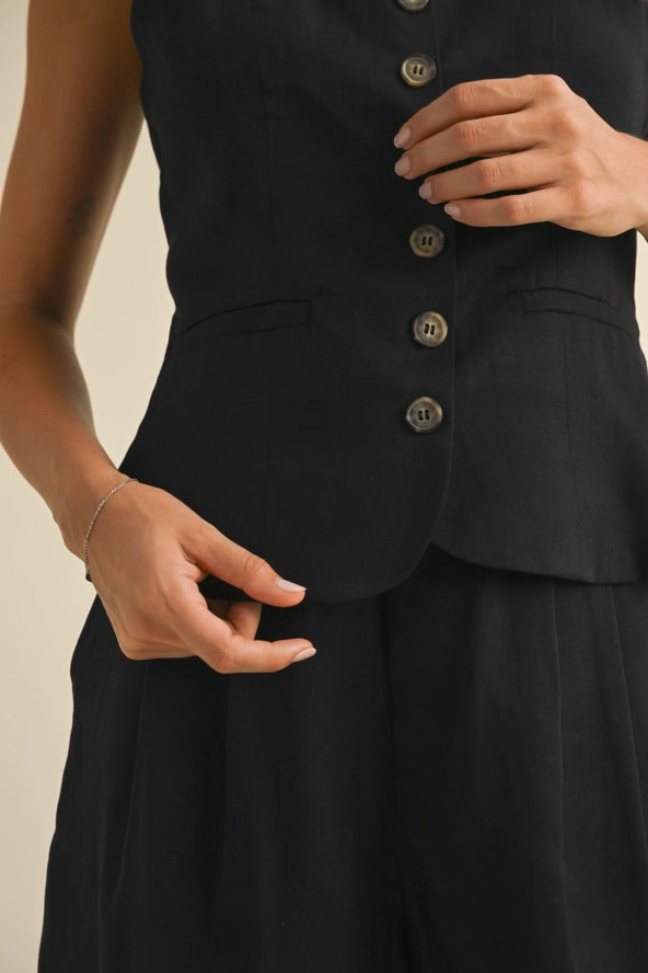 Tencel Button Front Vest - Black