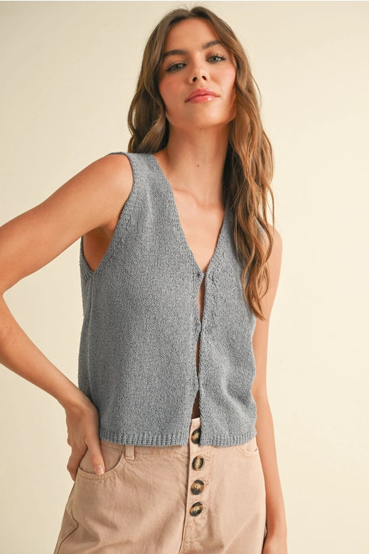 Hook Closure Vest Cardigan - Blue Granite