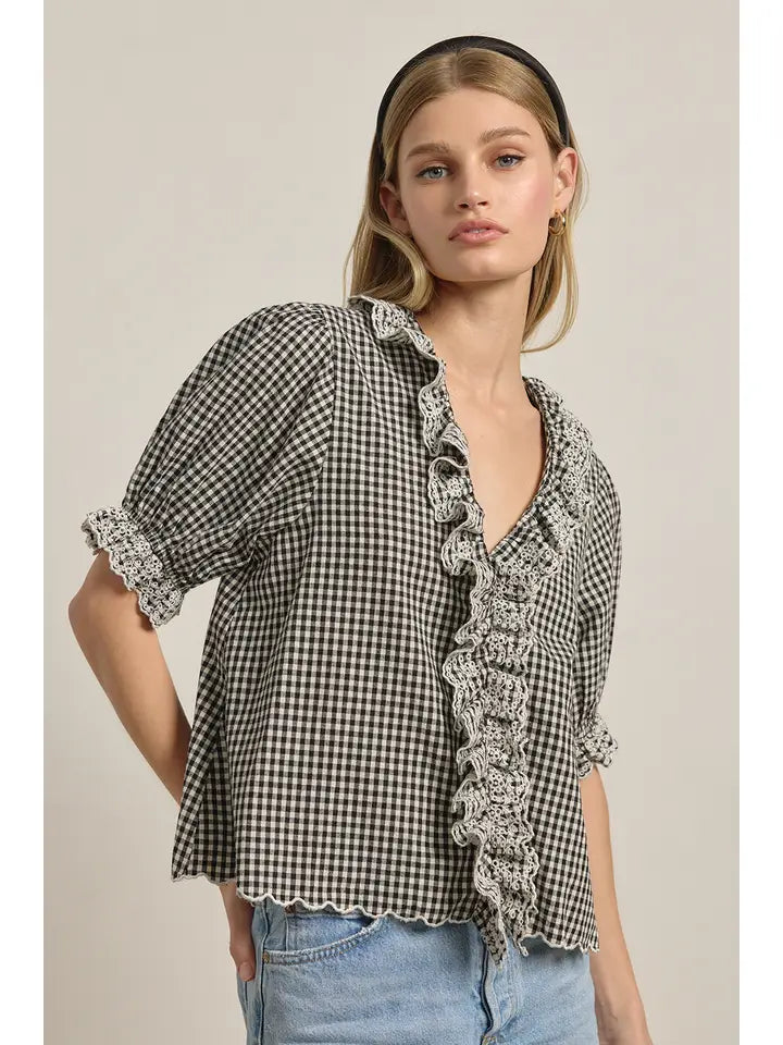 Lace Ruffle Blouse - Black Gingham