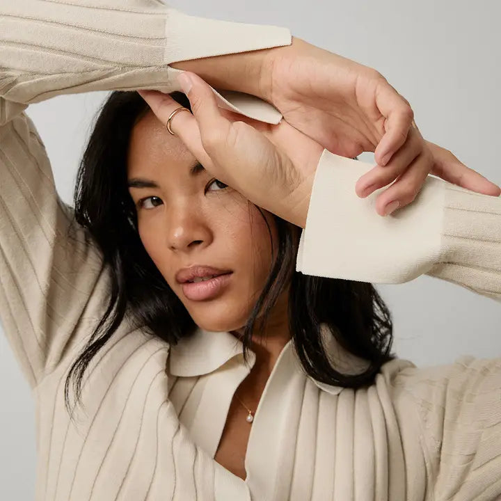 Lunya - Cotton Silk Ribbed Button Up - Calm Tan/Sincere White