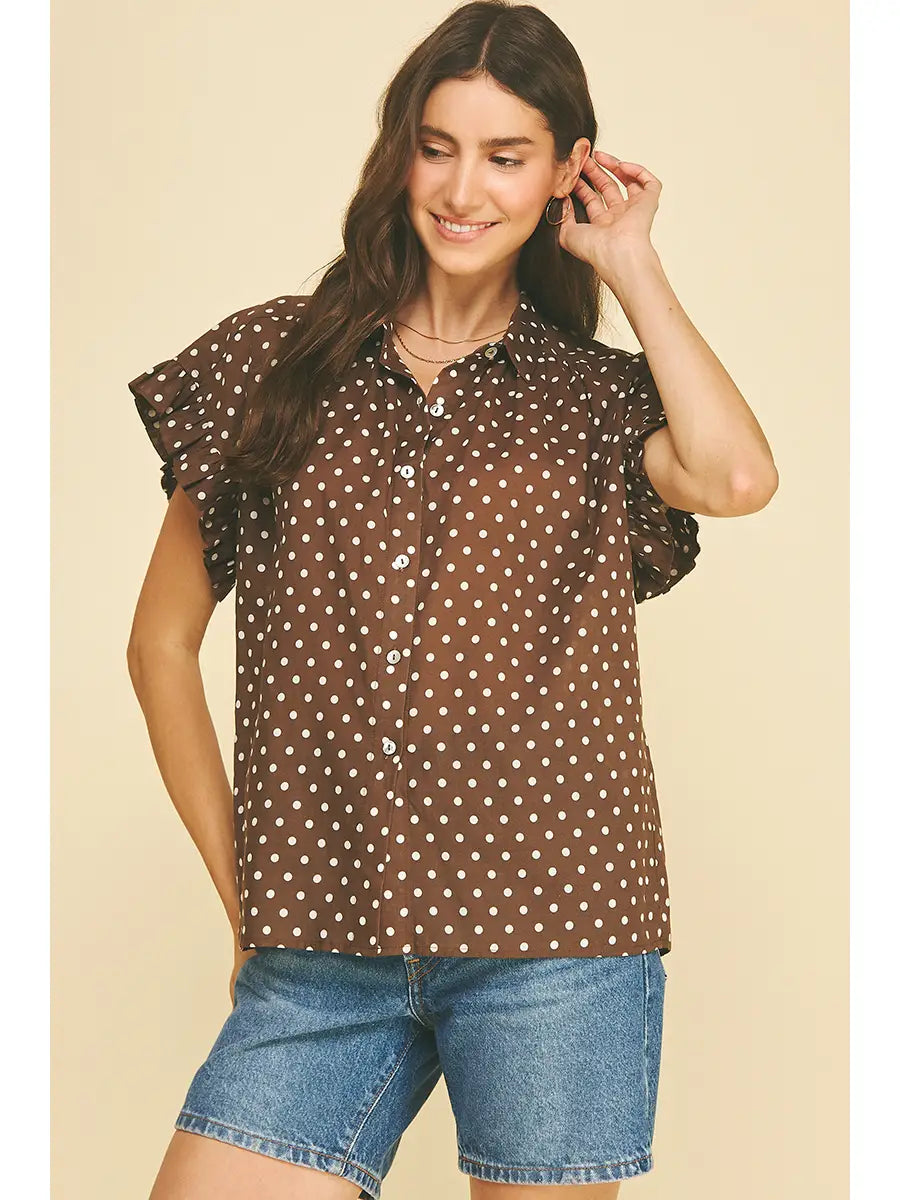 Ruffled Sleeve Shirt - Chocolate Polka Dot