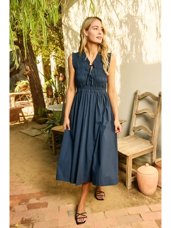 Front Tie Smocking Midi Dress - Ink