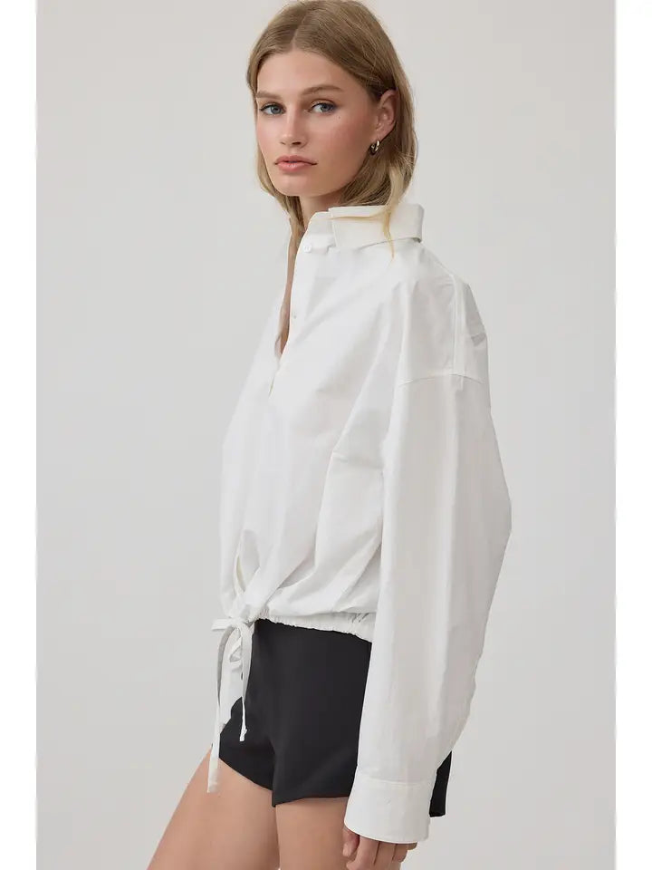 Button Up Drawstring Top - White