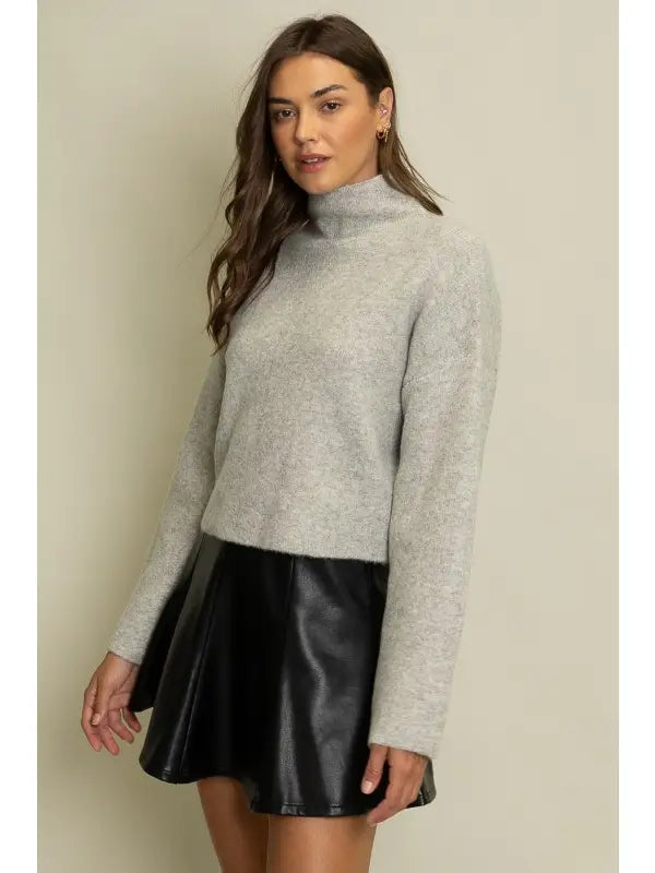 Mock Neck Sweater Crop Top - Melange Grey