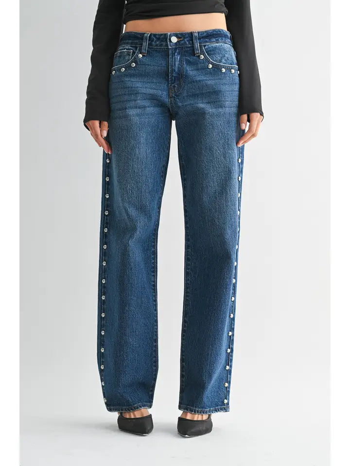 Low Rise Studded Baggy Jean - Dark Denim