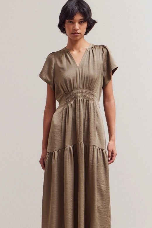 Grade + Gather - Ruffle Matte Satin Midi Dress - Olive