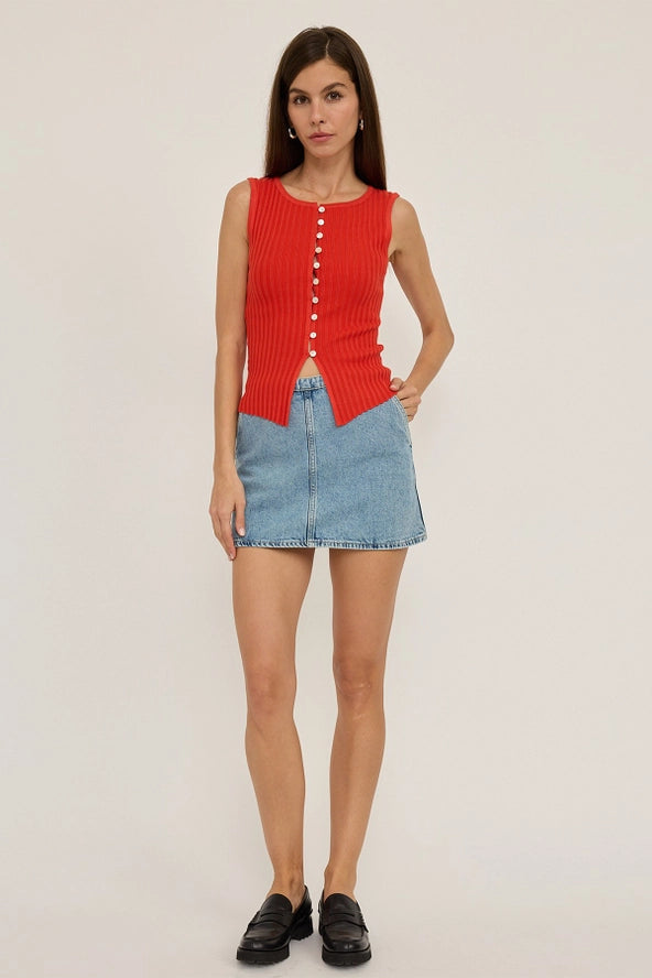Slim Knit Sleeveless Button Top - Red
