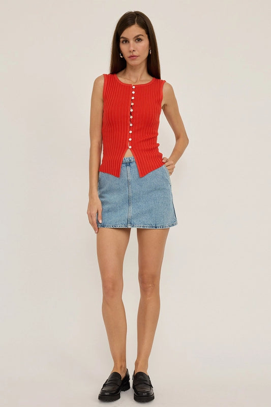 Slim Knit Sleeveless Button Top - Red