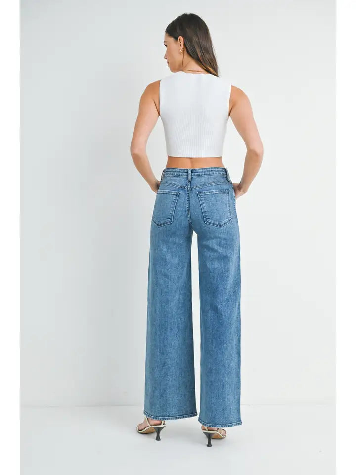 Stretchy Wide Leg Denim Jeans - Dark Denim