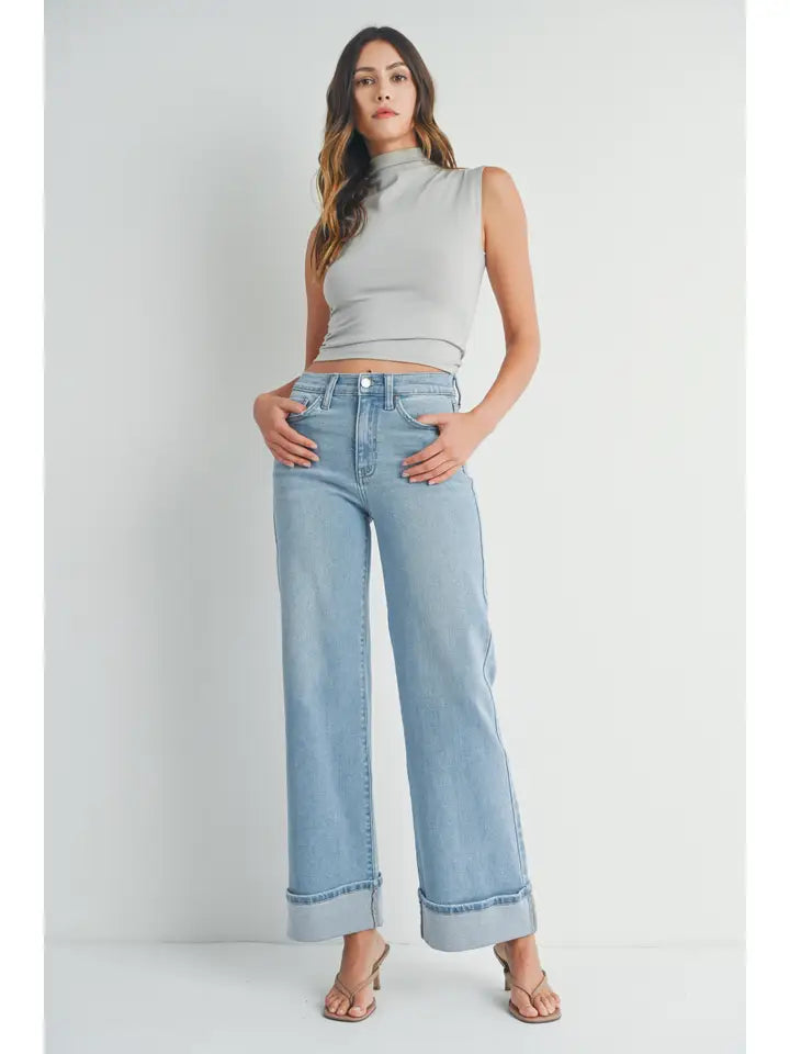 Cuffed Palazzo Denim Jeans - Light Denim