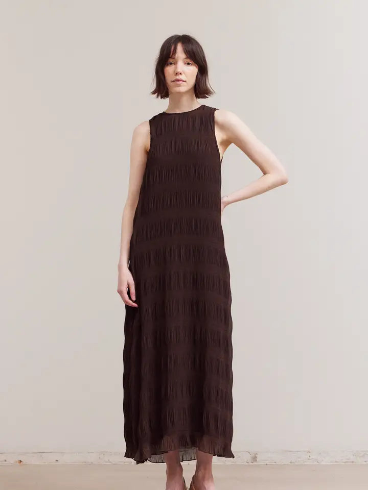 Grade + Gather - Pleated Chiffon Dress - Chocolate