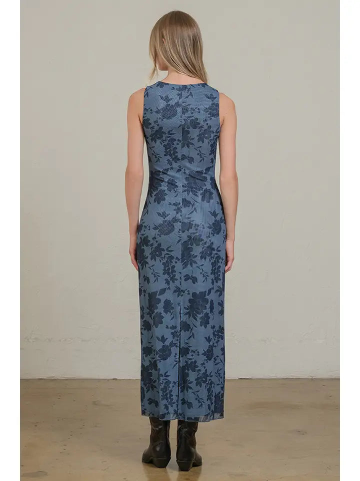 Midnight Bloom Mesh Dress - Blue Floral