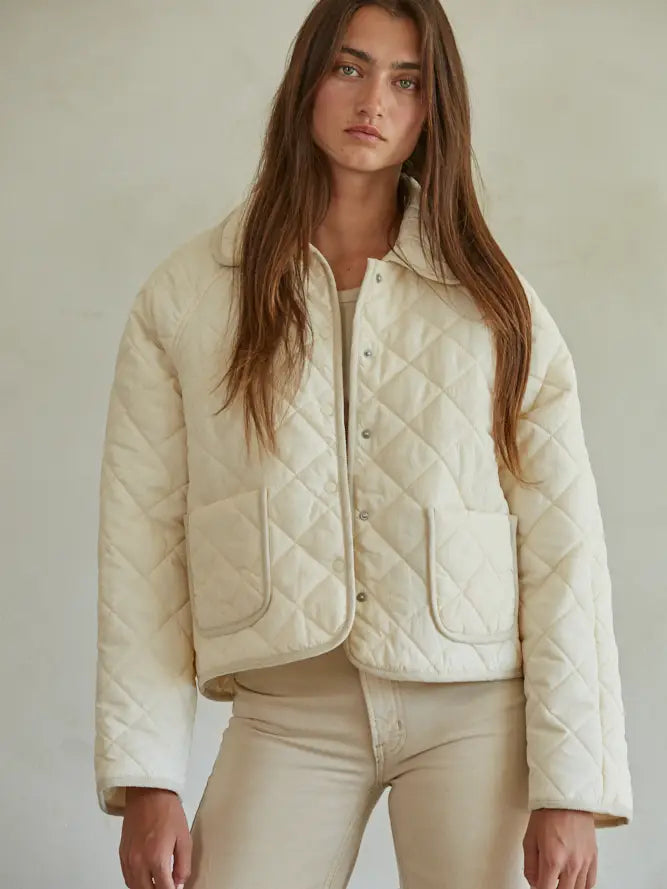 Woven Cotton Quilted Jacket - Cream