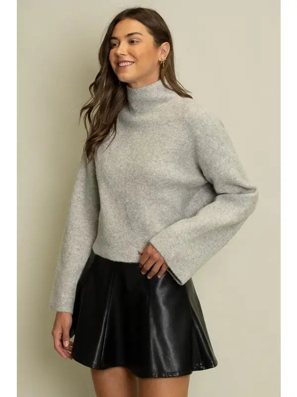 Mock Neck Sweater Crop Top - Melange Grey