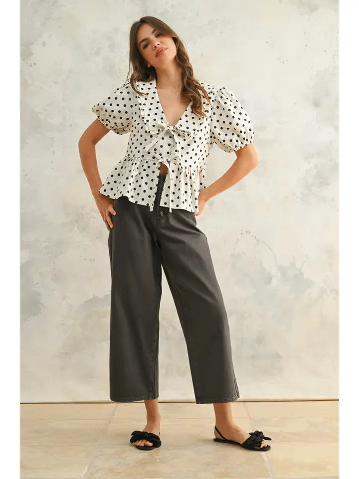 Polka Dot Print Linen Blouse - Oatmeal