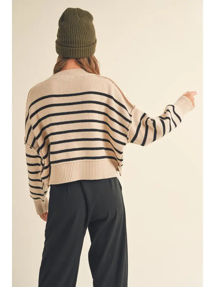 Striped Mock Neck Sweater - Tan & Black