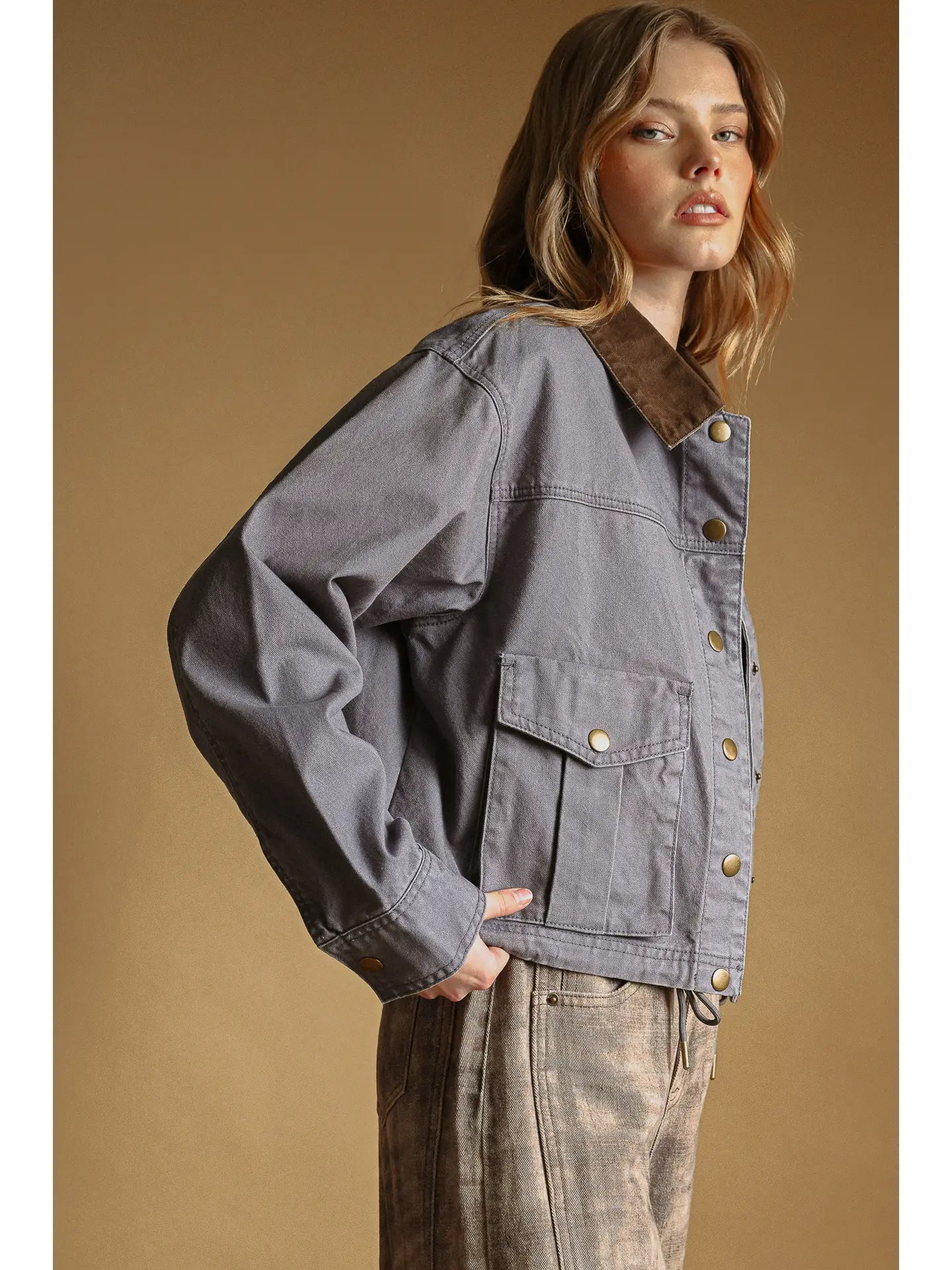 Collar Contrasted Utility Jacket - Denim Blue