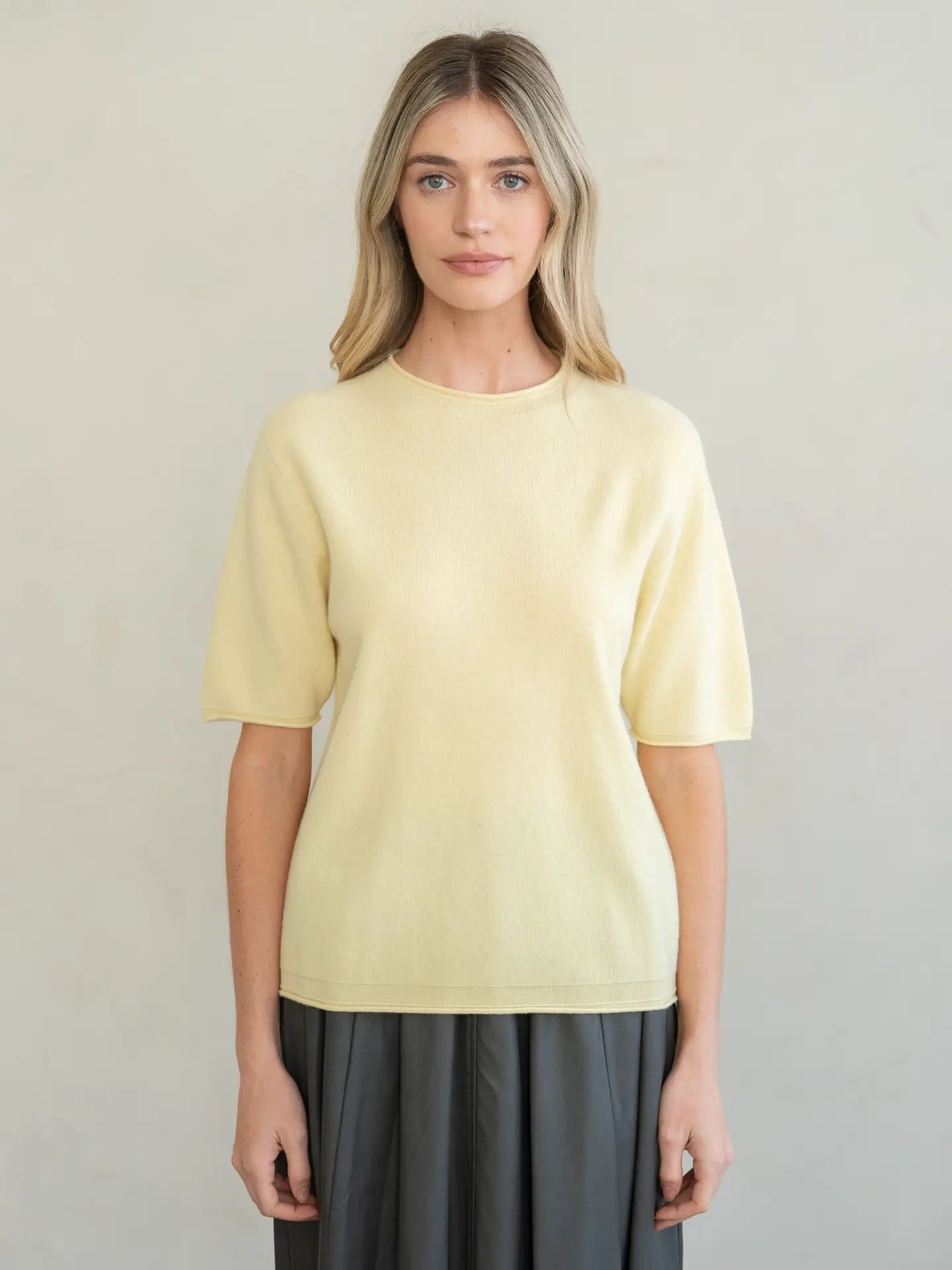 Raw Edge Fine Gauge Crew Knit Tee - Butter Yellow