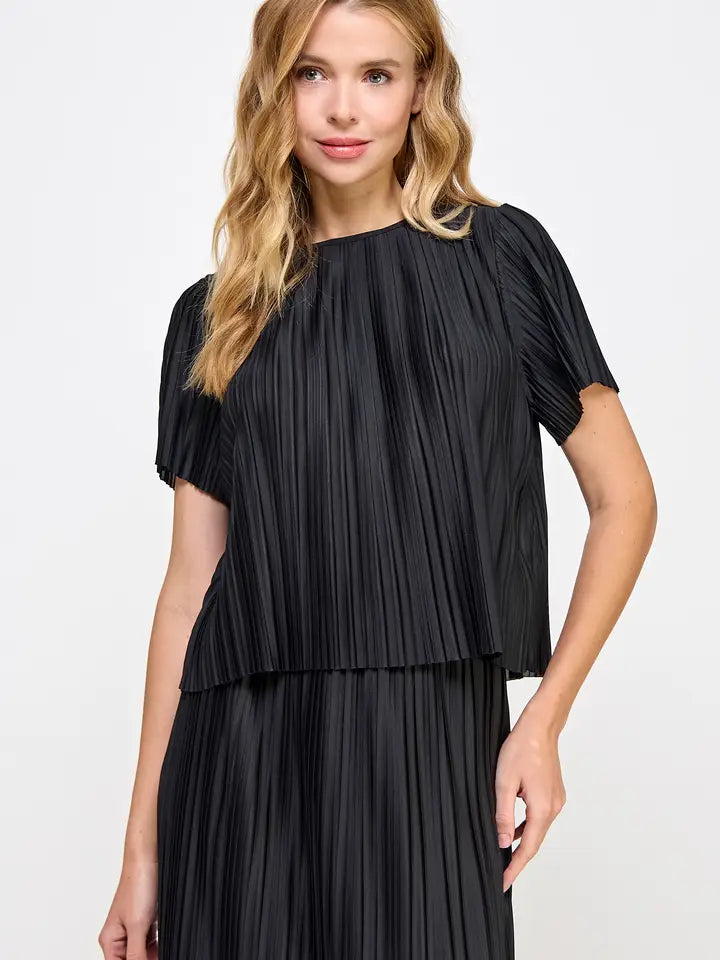 Pleated Short Sleeve Top + Maxi Skirt Set - Black