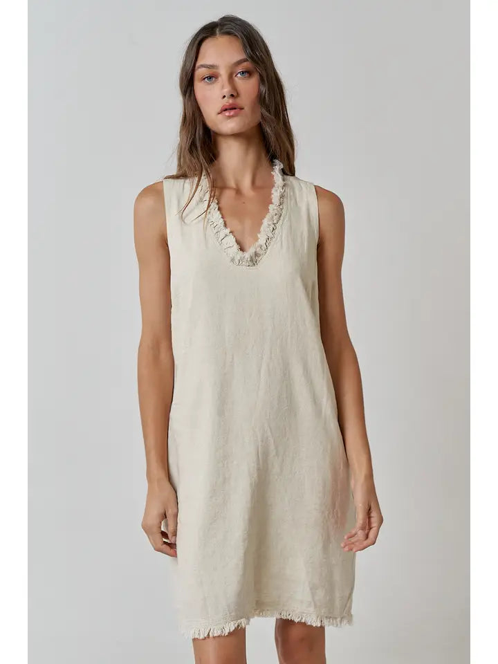 Linen Frayed V-Neck Sleeveless Mini Dress - Oatmeal SANNA baby and child Linen Frayed V-Neck Sleeveless Mini Dress - Oatmeal SANNA baby and child