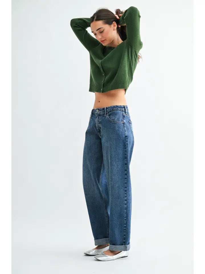 Mid Rise Cuffed Barrel Jean - Dark Denim