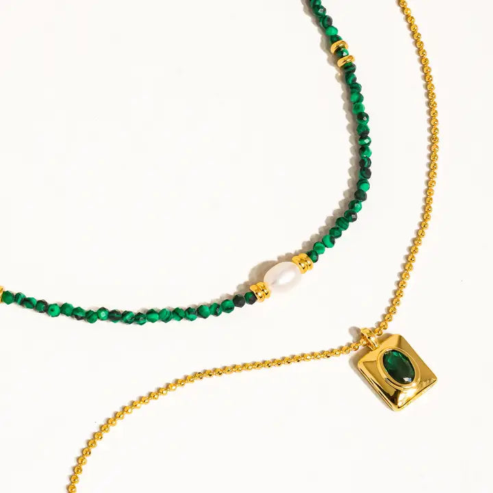 Harlynn 18K Gold Boho Green Beaded Layer Necklace - Green