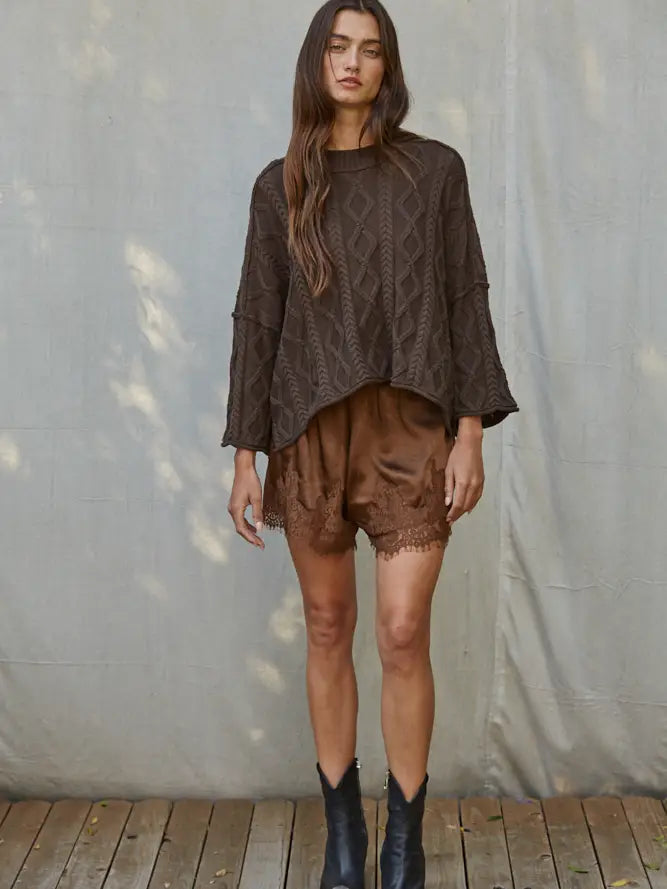 Woven Elastic Waist Short with Lace Trim - Chocolate