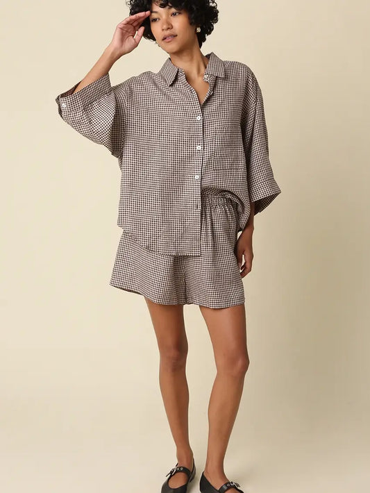 Gabi Gingham Linen Shirt - Brown Natural