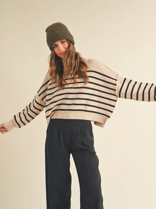 Striped Mock Neck Sweater - Tan & Black