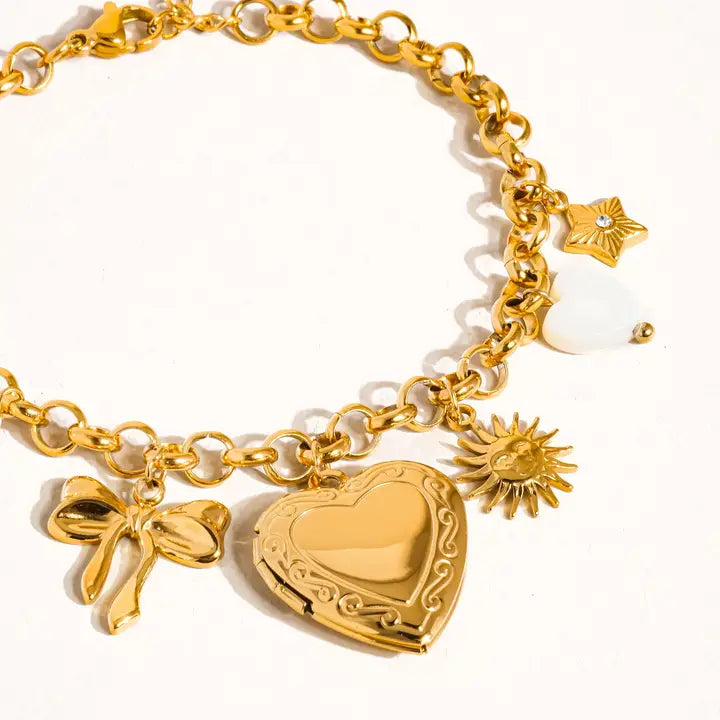 Eydn 18K Gold Non-Tarnish Heart Locket Charm Bracelet - Yellow Gold