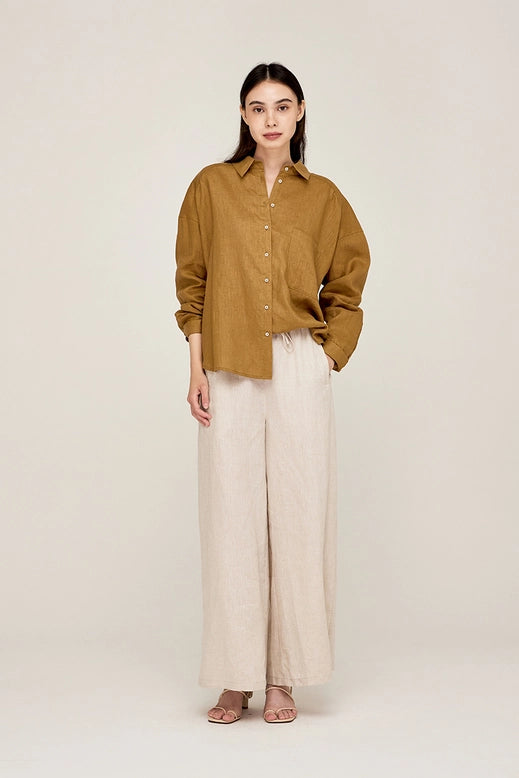 Grade + Gather - Oversized Linen Shirt - Brown Olive