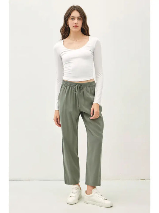 High Rise Elastic Drawstring Pants - Pine