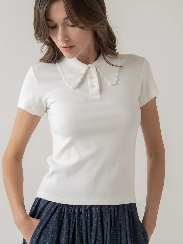 Scallop Collar Knit Polo - White