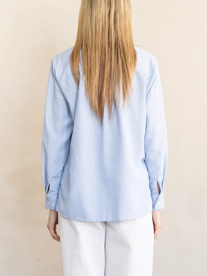 Ruffle Neck Blouse - Light Blue Stripe