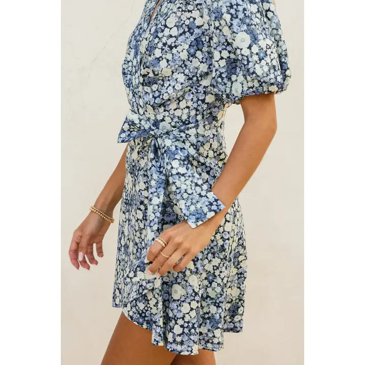 Field Daises Puff Sleeve Mini Wrap Dress - Navy Daisy