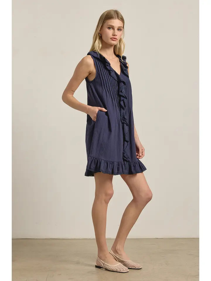 Ruffle Trim Pintuck Dress with Slip Lining - Navy