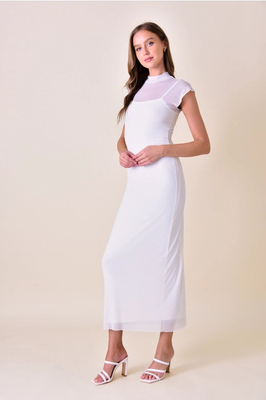 Chic Mock Neck Cap Sleeve Maxi Dress - Ivory