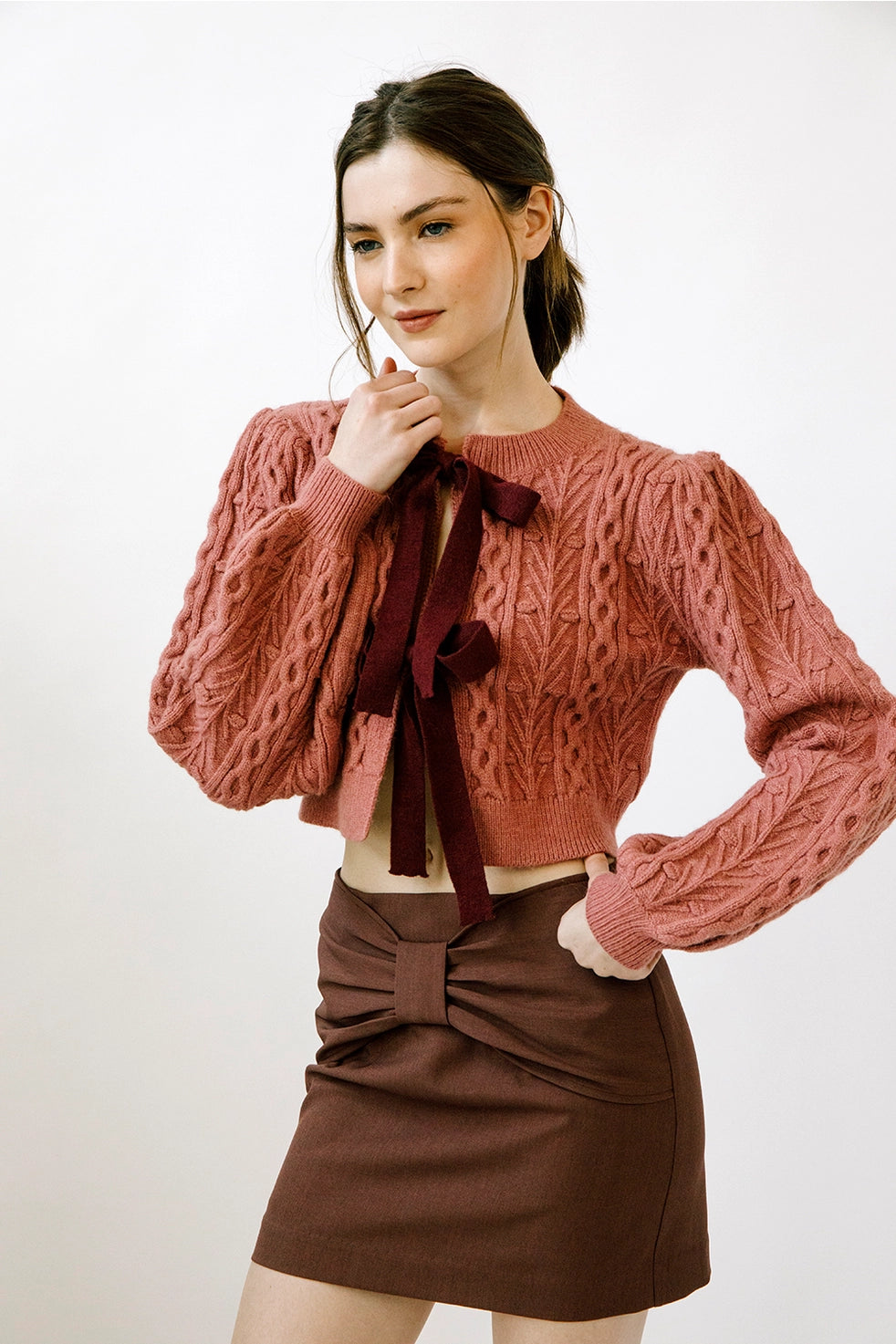 Monochromatic Cable Knit Cardigan - Mauve + Wine