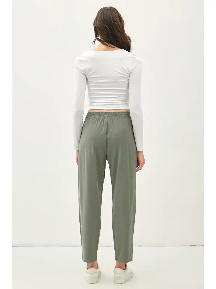 High Rise Elastic Drawstring Pants - Pine