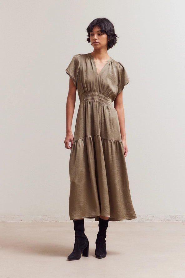 Grade + Gather - Ruffle Matte Satin Midi Dress - Olive