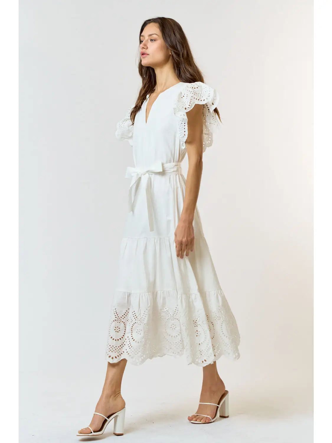 Cotton Eyelet Scalloped Midi Dress - Off White