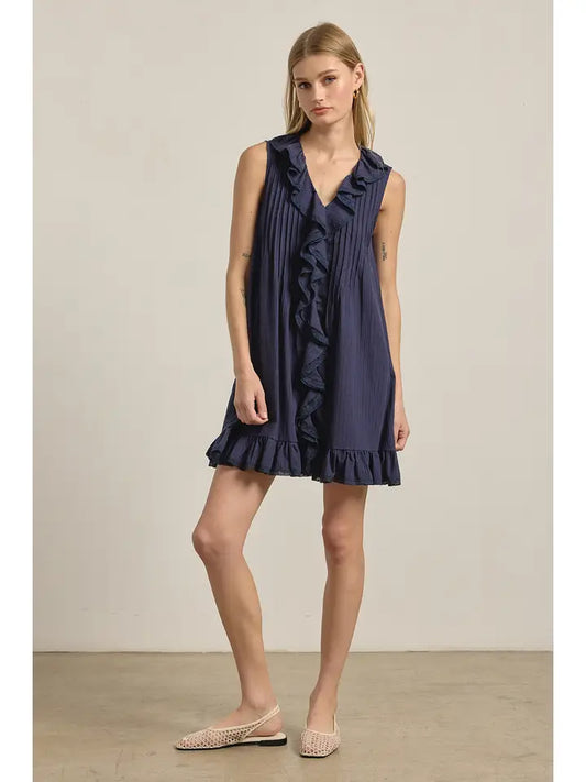 Ruffle Trim Pintuck Dress with Slip Lining - Navy