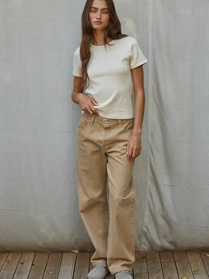 Knit Cotton Pointelle Short Sleeve Shirt - Cream
