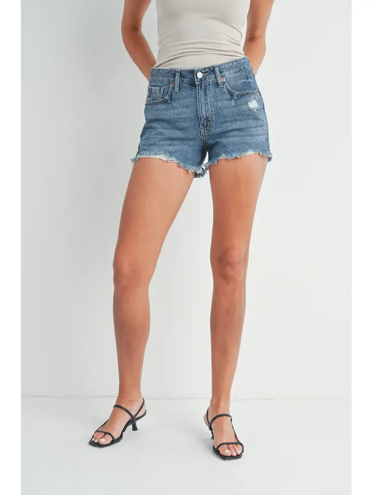 High Rise Destroyed Short - Medium Denim