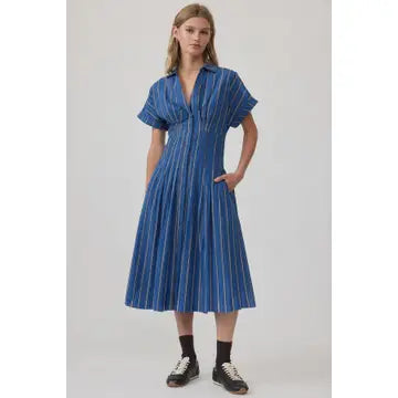 Stripe Pleated Waist Shirt Dress - Blue Stripe