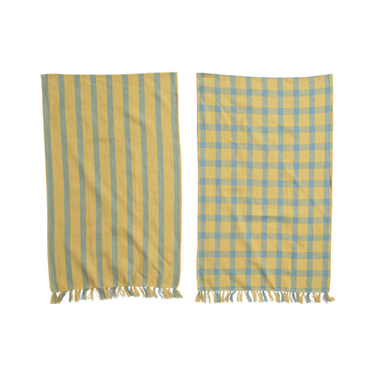 Woven Cotton & Linen Tea Towel with Fringe - Set of 2