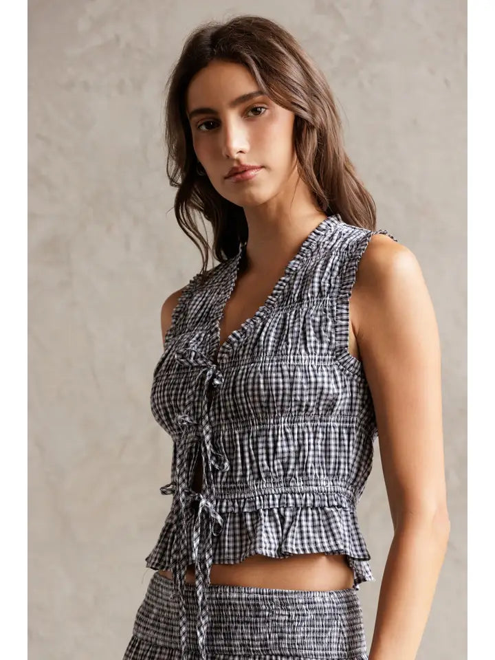 Smocked Gingham Top - Black & White